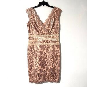 Tadashi Shoji Cocktail Dress Rose Gold Embroidered Sequin Lace Sheath‎ V Neck 14